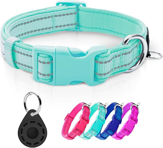 azuza Reflective Dog Collar with Airtag Holder, Soft Neoprene Padded Pet Collar with ID Tag Ring, Adjustable for Medium Dogs,Teal,M
