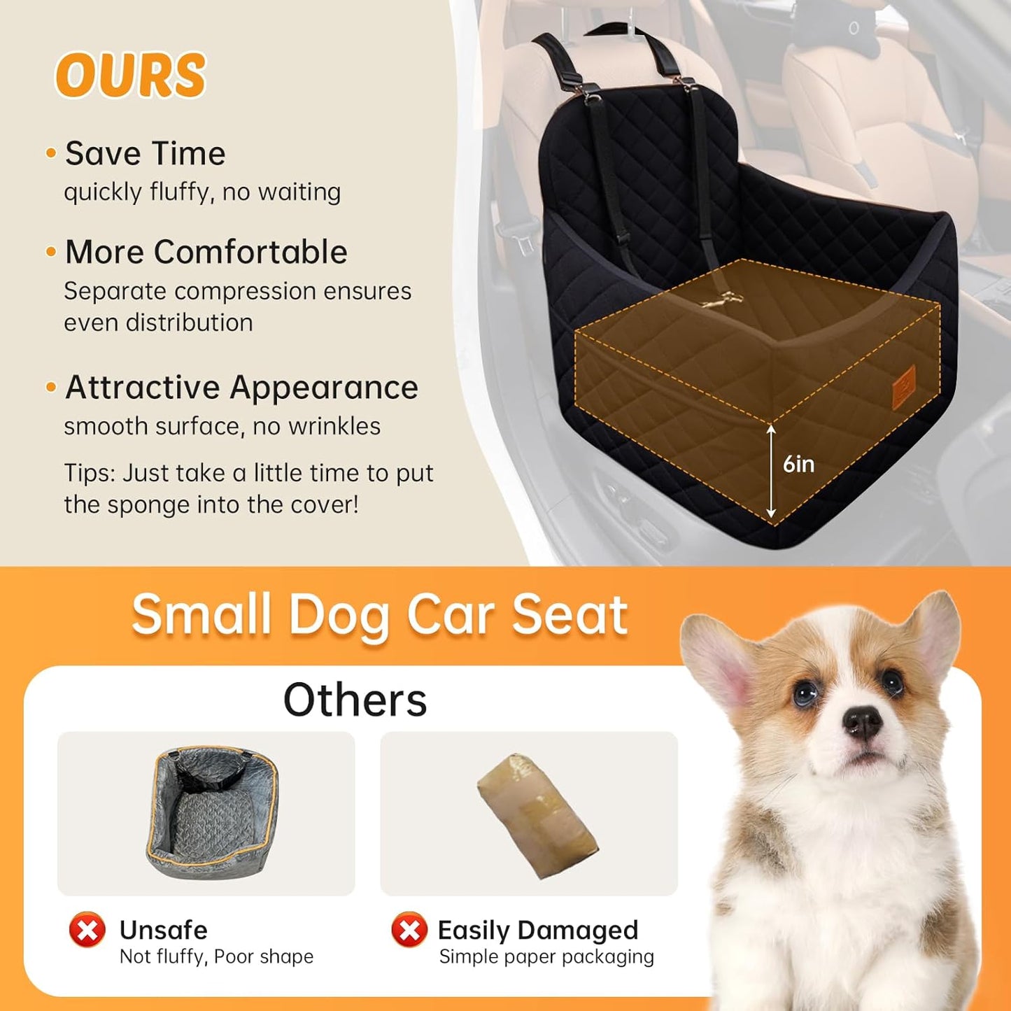 Dog Car Seats for Small Dogs, FurFrolic Memory Foam Dog Booster Seat for Small/Medium Dogs up to 35 lbs, Travel Pet Car Seat with Washable Detachable Cover, Storage Pockets, 2 Safety Belts (Black)