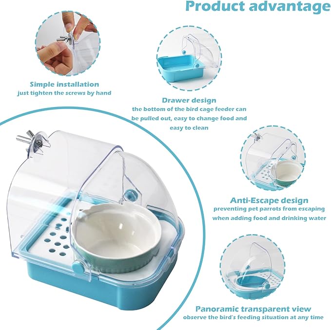 2 in 1 No Mess Bird Feeder,Bird Cage Feeder with Ceramic Bowl and Parrot Bathtub with Bottom Drawer Hanging Tube Shower Box for Birds Budgies Parakeet Small Parrot Cockatiels(Blue)