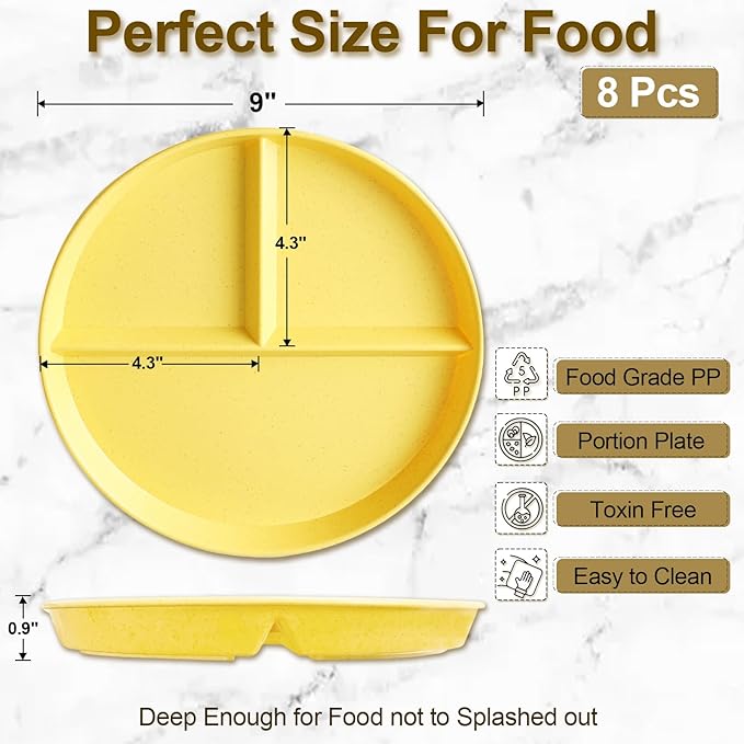 Divided Plates for Adults (8 Packs), Unbreakable Portion Control Plate Sectioned with Dividers, 9 Inch Plastic Food Separator Dinner Plates Lightweight Compartment BPA Free Reusable Microwave Safe