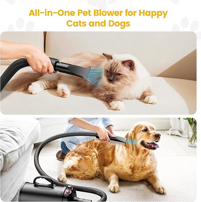 Dog Dryer, 5.2HP/3800W High Velocity Dog Hair Dryer with 4 Nozzles, Stepless Adjustable Speed & Temperature Control, Low Noise Professional Dog Grooming Dryer (Black)