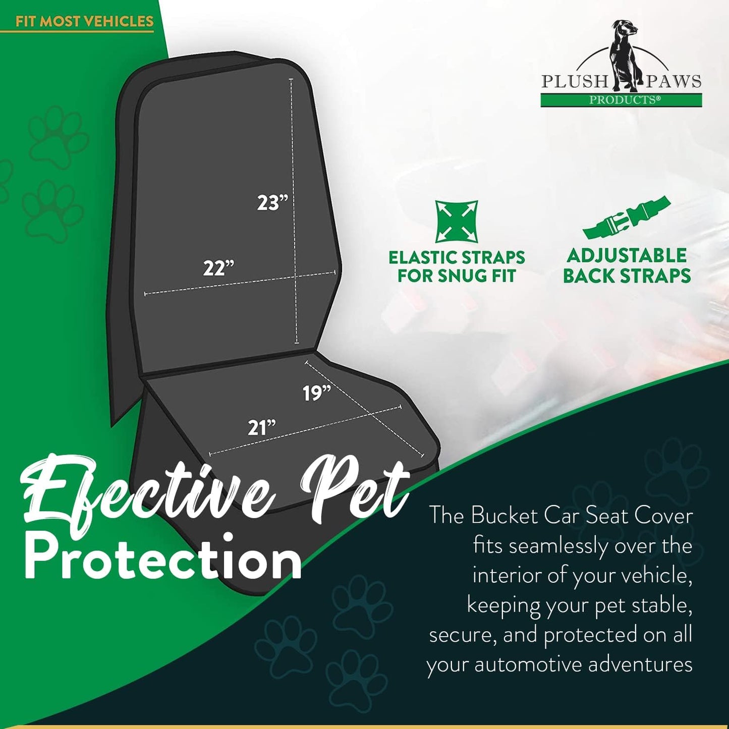 Plush Paws Products Premium Bucket Car Seat Protector | Diamond Stitching | Washable & Waterproof Front Seat Dog Cover Car, Truck, & SUV | Nonslip, Tear Resistant Pet Passenger Seat Cover | Black