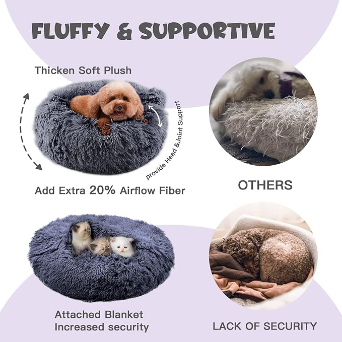 Himax Dog Beds for Small Dogs, Donut Dogs Beds with Blanket Attached, Calming Dog Bed Washable (20"/26"/35") Grey