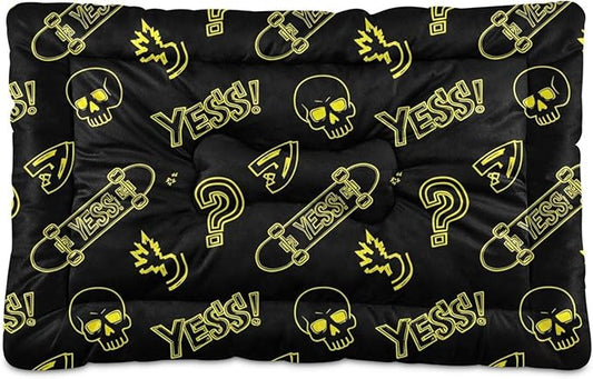 Emelivor Skateboard Skull Black Dog Cat Bed Washable Crate Pet Bed Anti-Slip Rectangle Comfortable Kennel Pads for Small Medium Large Dogs Cats, 24x18in