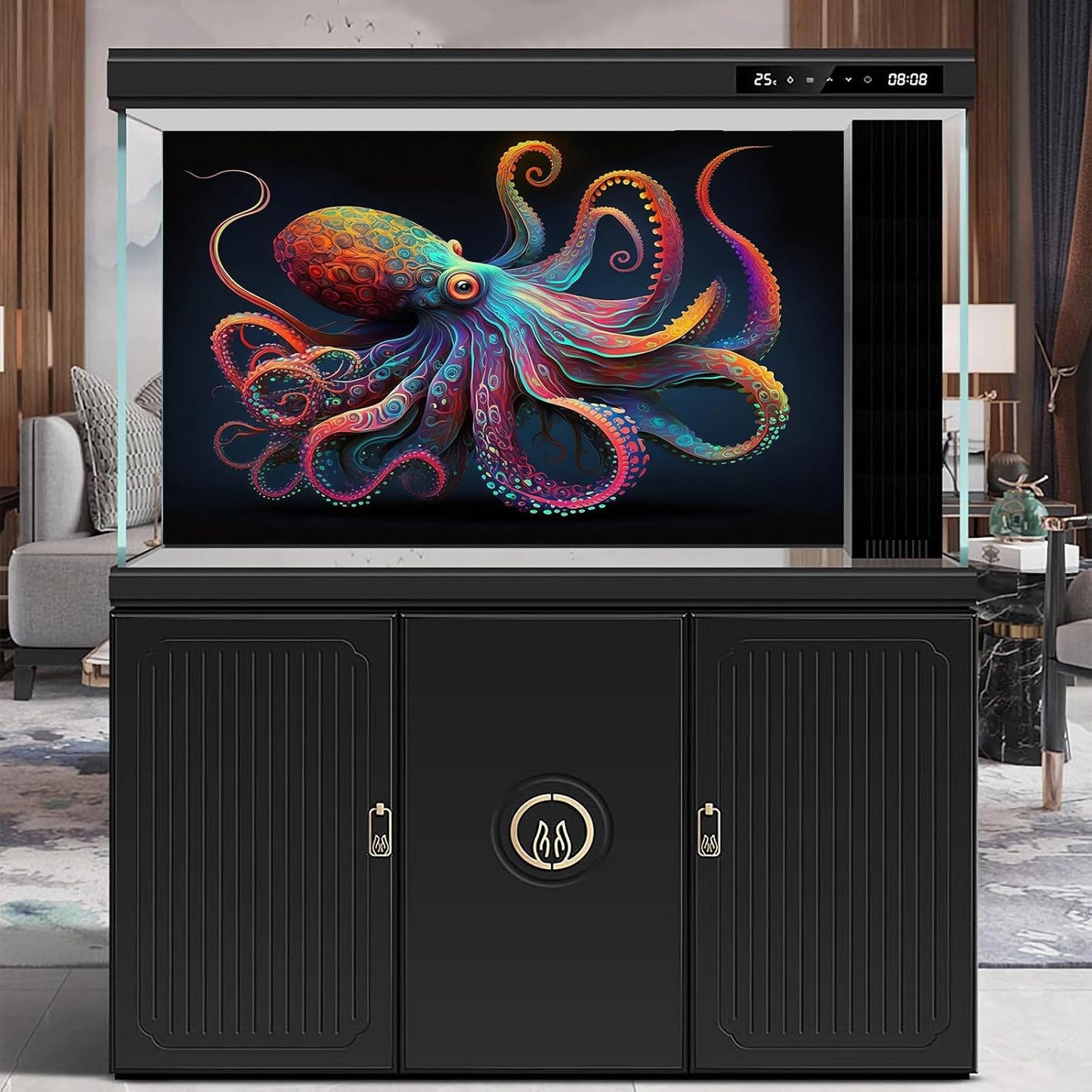 Exquisite Octopus Aquarium Background Abstract Colorful Octopus Terrarium Background Glowing Octopus on Black Background Fish Tank Backdrop Octopus Backdrops Poster Wallpaper Decors Vinyl 48x20in