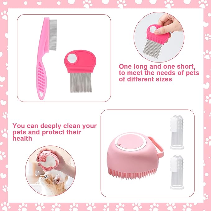 VCZONE 8 Pcs Cat Brush Grooming Kits, Pet Self Cleaning Kit with Pet Nail Clipper and File, Flea Comb, Pet Shampoo Bath Brush, Pet Shedding Brush, Silicone Toothbrush (Pink)