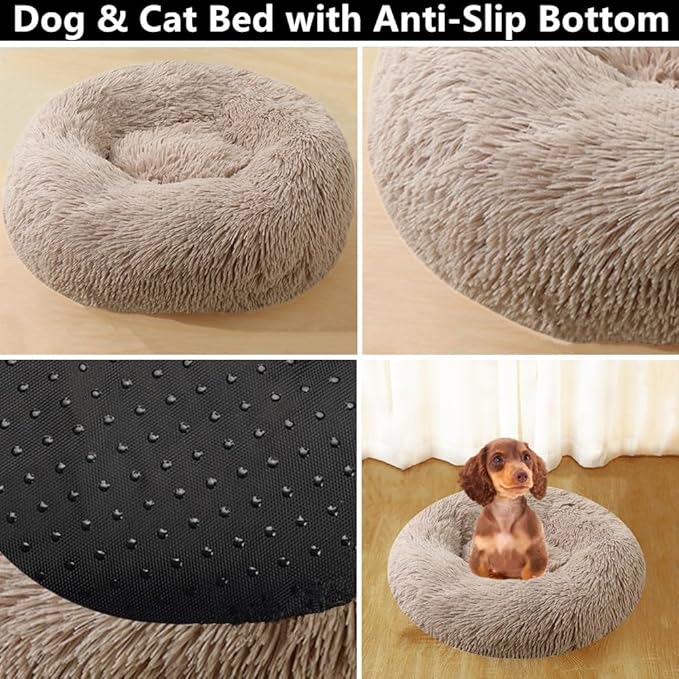 Calming Dog & Cat Bed, 24 Inch Anti-Anxiety Donut Cuddler Cat Bed with Anti-Slip Bottom, Washable Round Fluffy Pet Bed for Small Medium Dogs and Cats (Coffee)