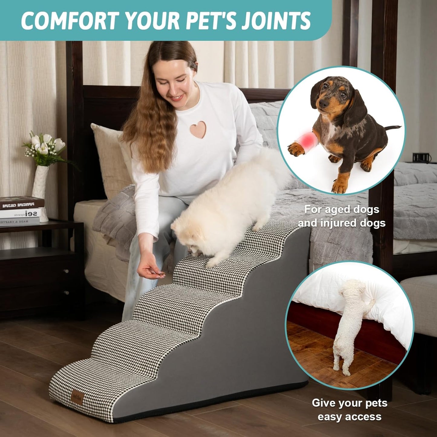 Dog Stairs for High Bed 22.6" H, Small Dog Step for Puppy, Older or Cat, Curved Ramp for Car, Ladder with High Density Foam, Lightweight, Durable, 15.7x33x22.6 inch, 5 Step, White Black