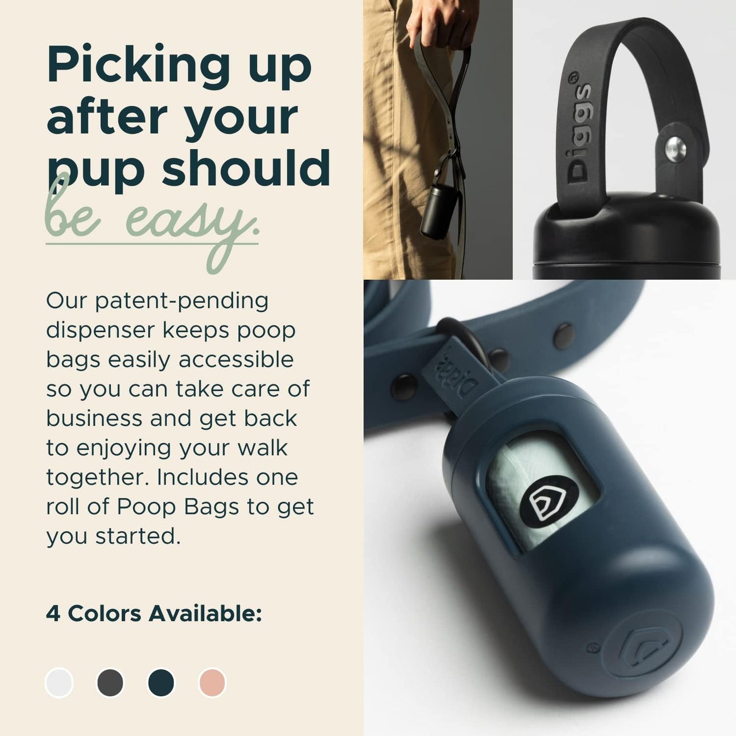 DIGGS Dog Poop Bag Dispenser for Leash - Premium Dog Waste Bag Holder with Easy One-Hand Dispensing (Navy)
