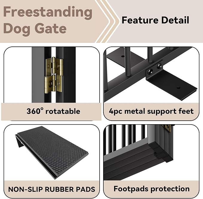 Full Metal Freestanding Dog Gate with Door, 32''Height Foldable Pet Dog Fence for Indoor & Outdoor, 2 Panels Extra Wide Free Standing TallDog Gates for Doorways,House,Stairs,Porch,Deck,Yard