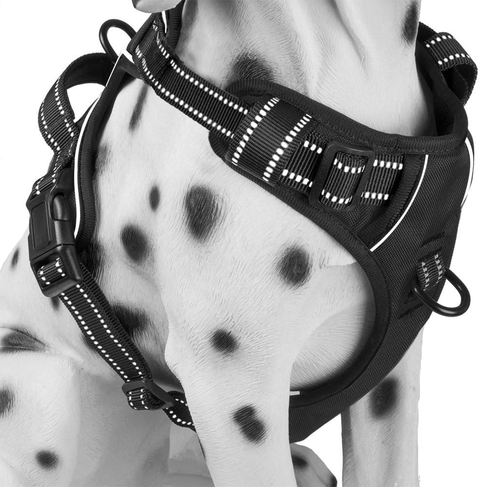 PoyPet No Pull Dog Harness, Reflective Comfortable Vest Harness with Front & Back 2 Leash Attachments and Easy Control Handle Adjustable Soft Padded Pet Vest for Small to Large Dogs (Black,L)