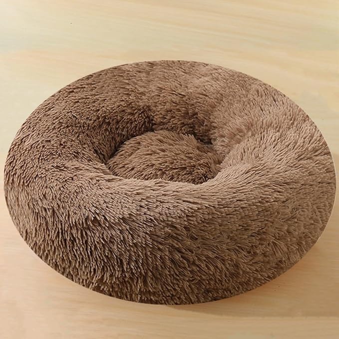 Calming Small Dog Bed & Cat Bed, 16 Inch Donut Fluffy Anti-Anxiety Round Bed Washable Cute Bed, Cuddler Warming Cozy Soft Bed, Plush Cushion Bed for Small Medium Dogs and Cats (Coffee)