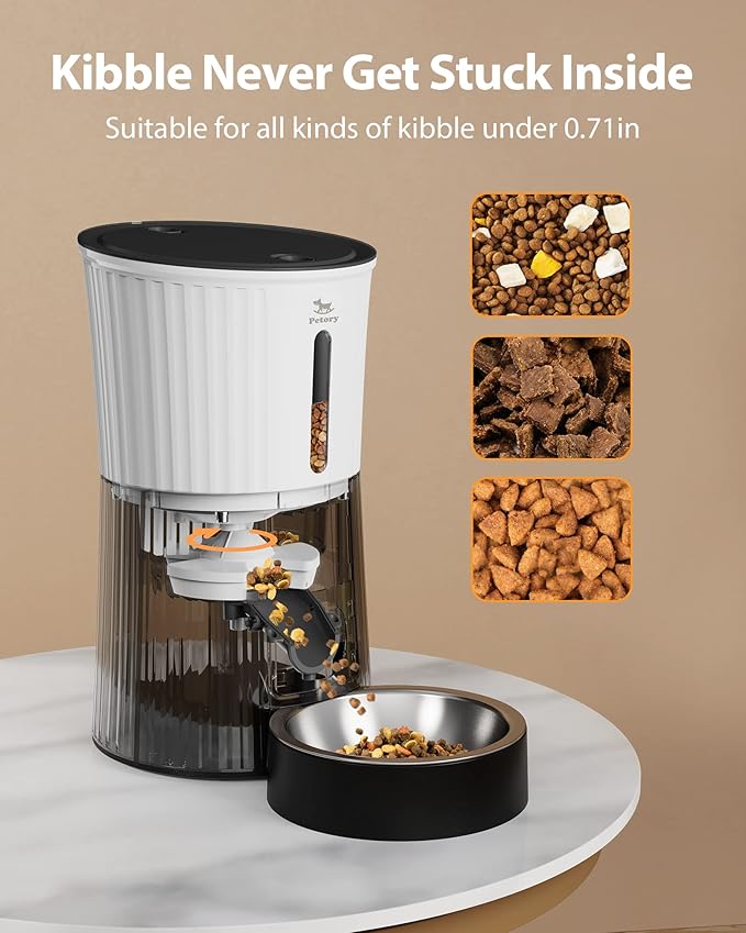 Petory Automatic Cat Feeders - 4L Timed Cat Feeders for Dry Food Built-in Battery up to 6 Meals with Desiccant Bag Support Dual Power 10S Recorder