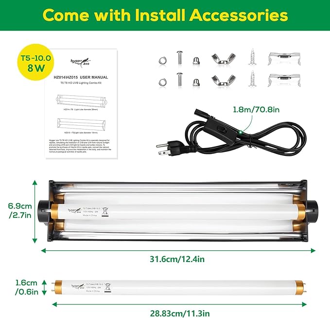 T5 UVB Reptile Light Fixture HO UVB Bulb Lighting Combo Kit, 10.0 UVB Light for Reptiles Terrarium Hood with 8W Reptile Light Bar UVA UVB Desert Lamp for Bearded Dragon Turtle Tank, 12 Inch
