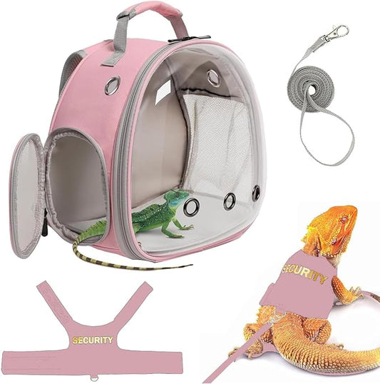 Bearded Dragon Carrier Backpack with Security Printing Harness Set, Reptile Lizard Travel Carrier (Pink, Security Harness)