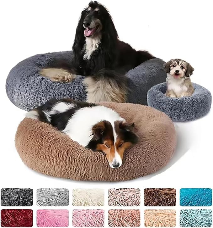 Calming Dog Bed for Small Dogs, Calming Donut Cuddler Pet Bed Anti Anxiety Round Dog Bed Fluffy Plush Faux Fur Cat Bed,Navy Blue,23.6IN