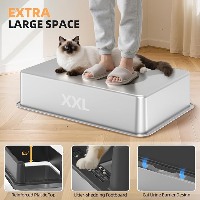 Enclosed Stainless Steel Cat Litter Box with Lid, XL Extra Large Litter Box for Big Cats, Metal Litter Pan High Sided, Never Absorbs Odors, Anti-Urine Leakage, Include Scoop (65-Darkgray)