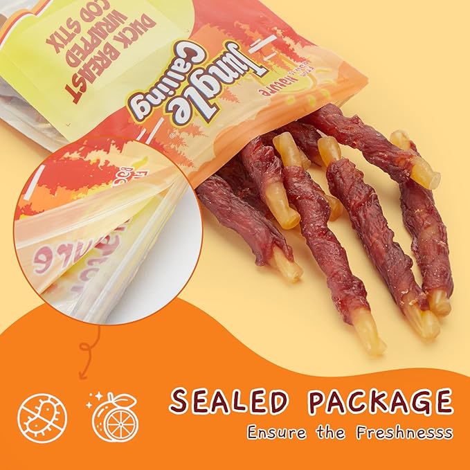 Jungle Calling Duck Wrapped Cod Sticks Dog Treats, Rawhide Free Training Rewards Snacks for Dogs, Natural Chewy Sticks Treats, 10.6oz