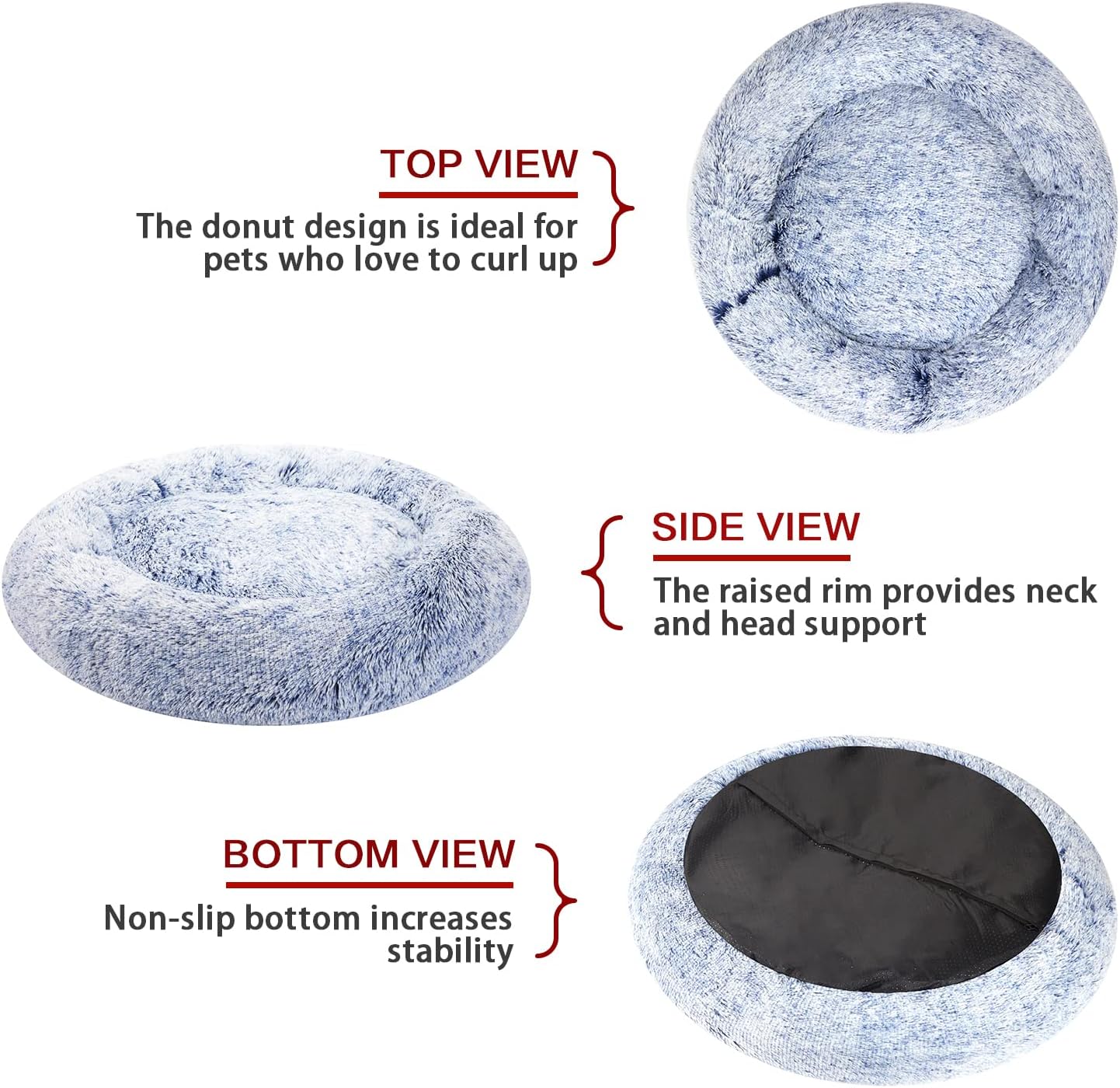 Bedfolks Calming Donut Dog Bed - 36 Inch Round Plush Beds for Large Dogs, Anti-Anxiety Machine Washable (Navy Blue, Large)
