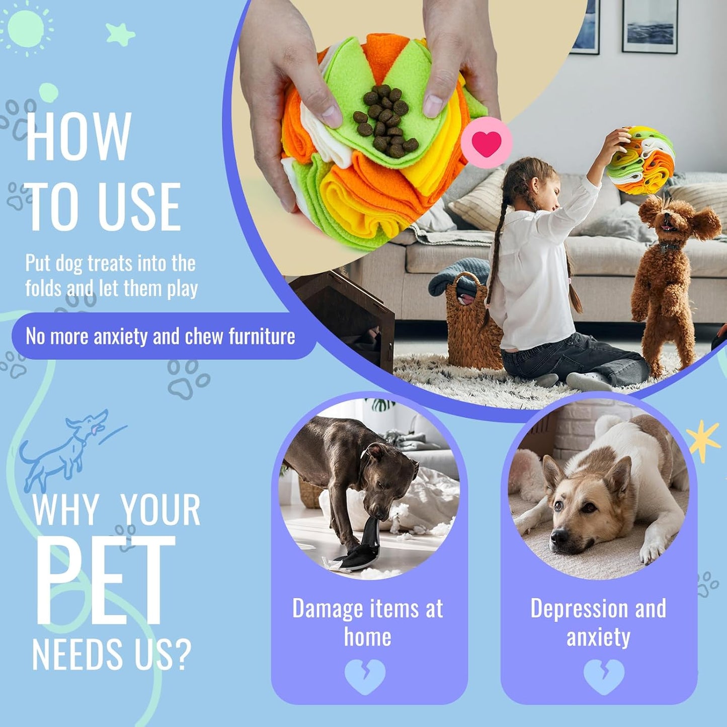 Pet Snuffle Ball, Puzzle Sniffing Interactive Dog Ball for Blind Dogs Training Stress Relief Dog Enrichment Toys Treat Machine Washable (15cm, Tropical Fruit)