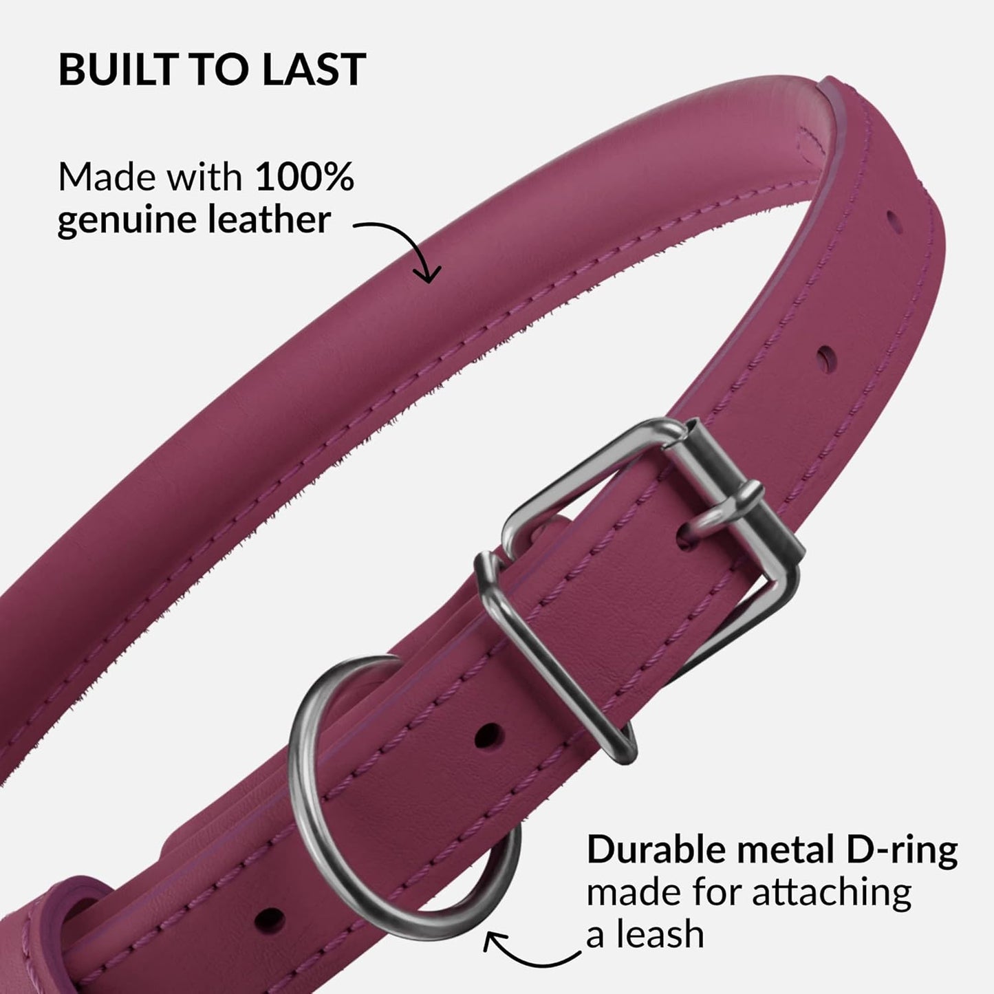 CollarDirect Rolled Leather Dog Collar, Soft Padded Round Puppy Collar, Handmade Genuine Leather Collar Dog Small Large Cat Collars 13 Colors (6 Inch, Pink Smooth)