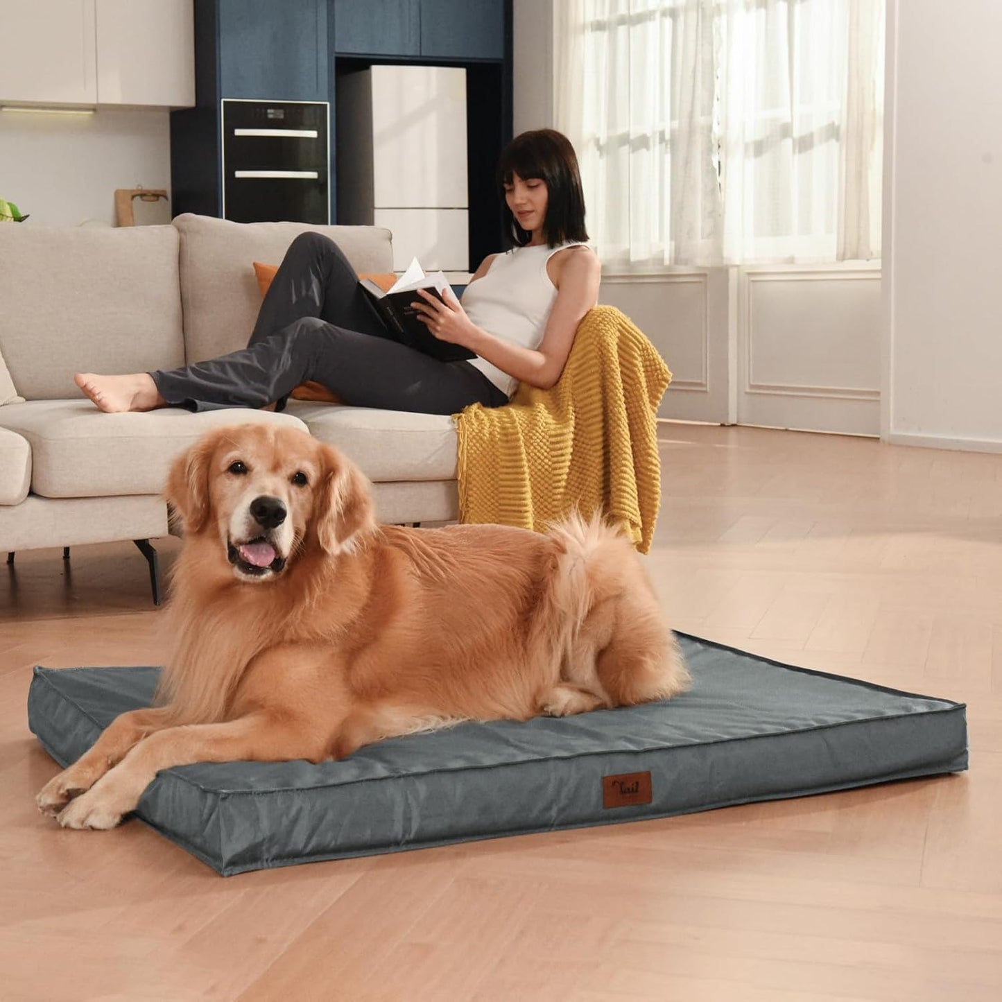 Outdoor Large Dog Bed, Waterproof Dog Bed for Large Dogs, Egg Crate Foam Pet Bed with Removable Washable Oxford Cooling Cover, Grey