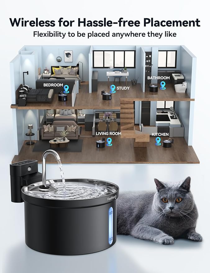 Wireless Cat Water Fountain [Water & Battery Separation] FEELNEEDY 4000mAh Battery Operated Cat Fountain, Cordless Pet Fountain with Motion Sensor for Cats Dogs-3.5L/118oz