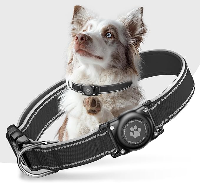 Airtag Dog Collar - 100% Waterproof Air tag Dog Collar Holder for Apple AirTag, Reflective, Soft Padded, Everlasting, GPS Dog Collar for Small Medium Large Dogs (Black, XL)
