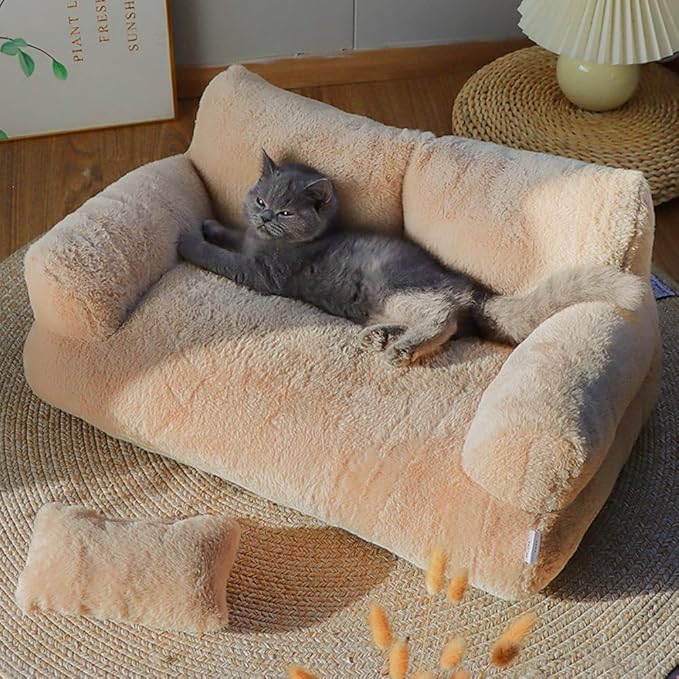Soft Fluffy Self-Warming Cat Bed | Washable Pet Sofa for Indoor Cats & Small Dogs | Cute Princess-Inspired Kitten Couch & Puppy Bed(Beige,35.43''*22.05''*11.81'')