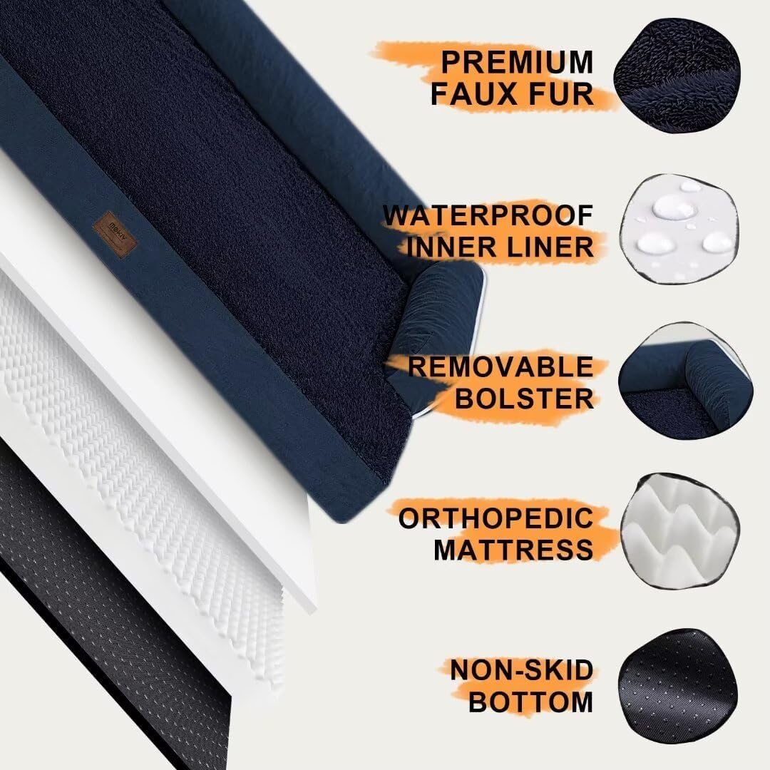 Orthopedic Large Dog Bed Washable: Orthopedic Dog beds for XXXLarge Size Dogs, Waterproof Washable Cover with Egg Foam Removable Bolster, Navy Blue Pet Beds for Large Dogs