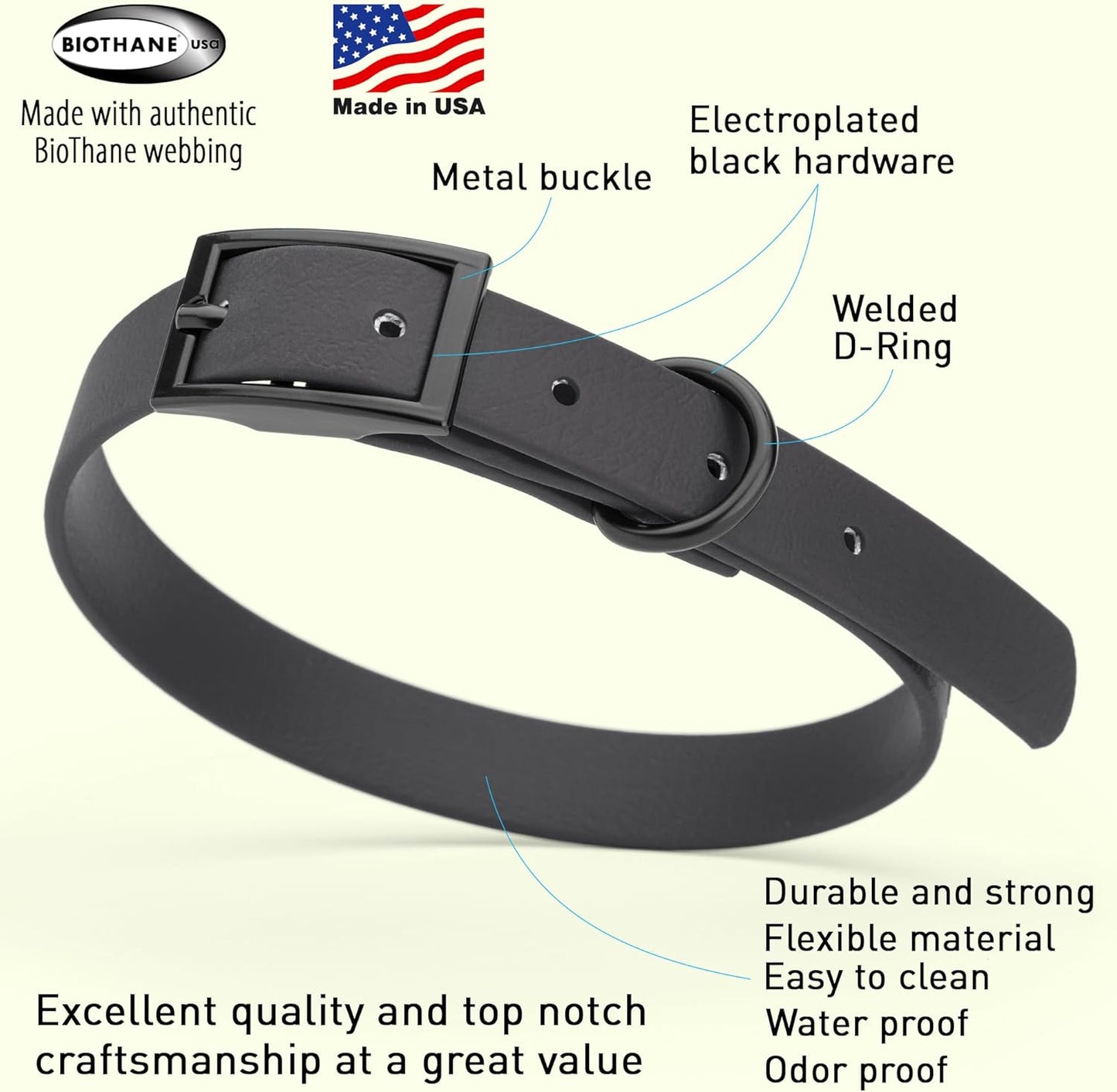 Dogline Biothane Waterproof Dog Collar Strong Coated Nylon Webbing with Black Hardware Odor- Proof for Easy Care Easy to Clean High Performance Fits Small Medium or Large Dogs, Cherry Red