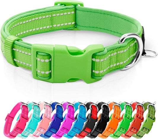 azuza Reflective Dog Collar Green Soft Neoprene Padded Pet Collar with ID Tag Ring, Adjustable for Medium Dogs,Green,M