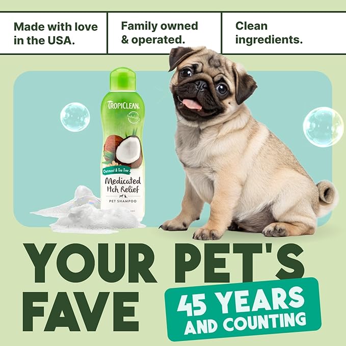 TropiClean Oatmeal Dog Shampoo for Itchy Skin Relief, Soothing Medicated Itch Relief, with Vitamin E, Puppy Safe, Made in USA, Cat Friendly, 20 oz.