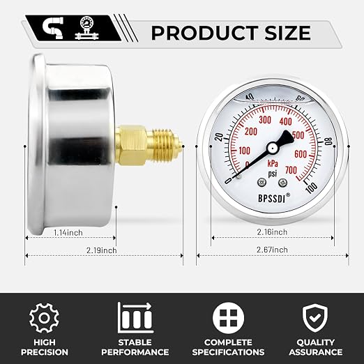 0-100Psi Glycerin Liquid Filled Low Pressure Gauge, 2.5" Dial Size, 1/4" G Back