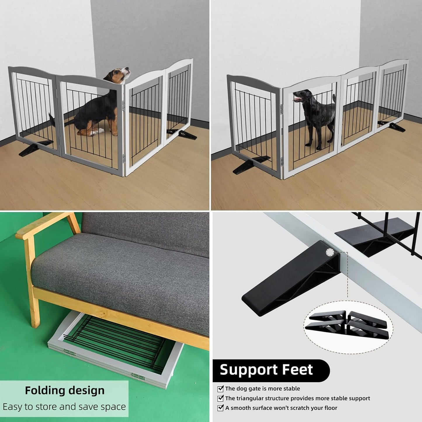 ZJSF Freestanding Dog Fence Indoor, Foldable Dog Gate for Doorways, Stairs or Hallways, Sturdy Wood Extra Wide Pet Gate with Support Feet for The House, Grey, 32 "Height-4 Panels