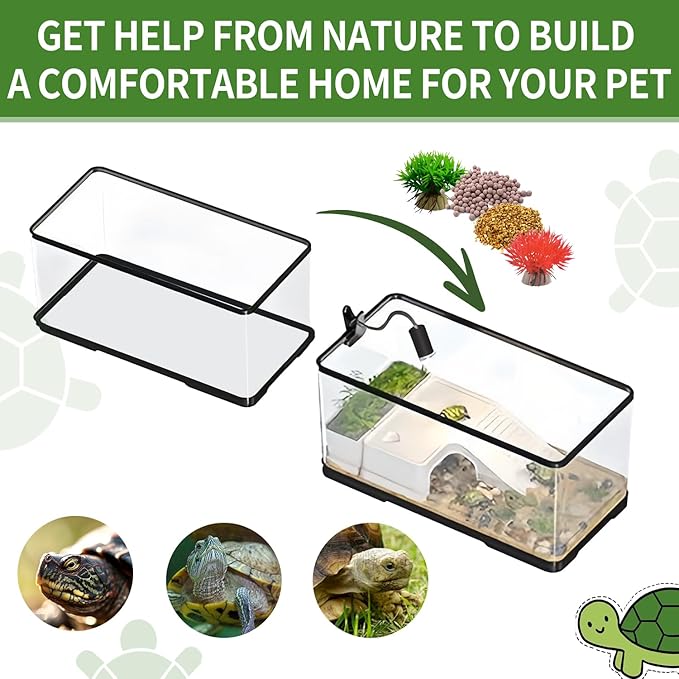 (Tank + Light + Filter Balls) Turtle Tank Kit, Turtle Tank Starter Kit,Bottom Drainage, Multi-Function Areas for Turtles, Crabs,Fishes, Amphibians,Reptiles.(15.75 x 8.64 x 8.64 Inch)