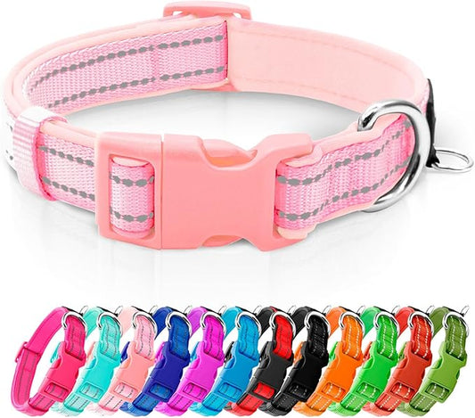 azuza Reflective Dog Collar,Soft Neoprene Padded Pet Collar with ID Tag Ring,Adjustable for Small Dogs,Pink,S