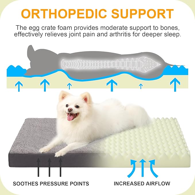 KSIIA Orthopedic Crate Bed: Deluxe Plush Washable Dog Bed for Small Dogs with Egg Crate Foam & Removable Cover, 23 x 17 Inch, Dark Gray