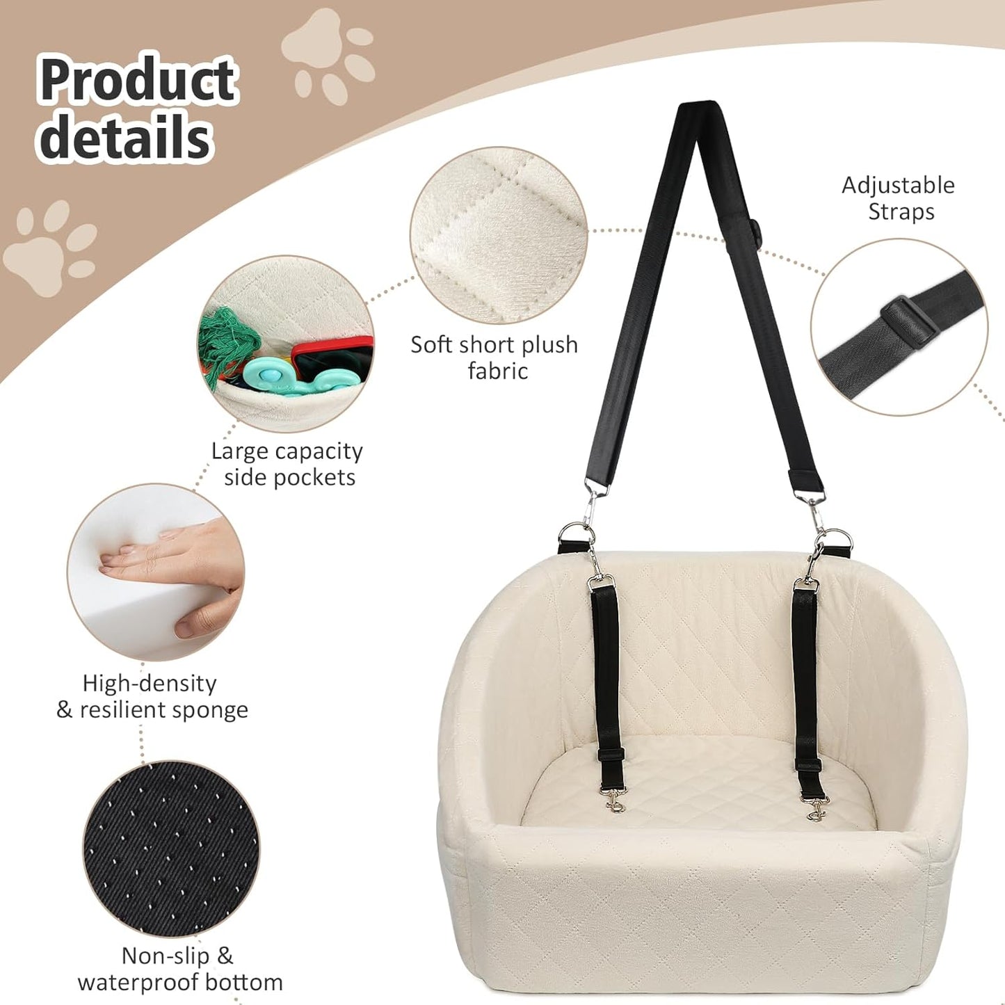 Dog Car Seat for Small Medium Dogs,Detachable Washable Dog Booster Seat Under 30lbs, Pet Car Seat Travel Bed with Storage Pockets and Dog Safety Belt (White)
