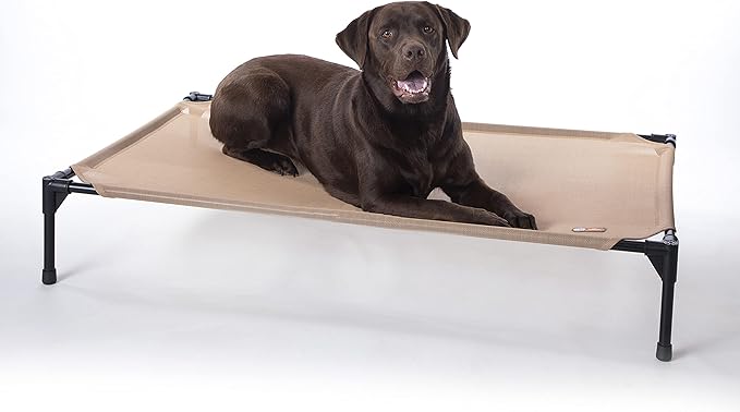 K&H Pet Products Outdoor Elevated Dog Cot, Cooling Raised Bed with Waterproof Breathable Mesh for Large Dogs, Portable Place Bed with Heavy-Duty Metal Frame, Big Hammock Style - Large Tan