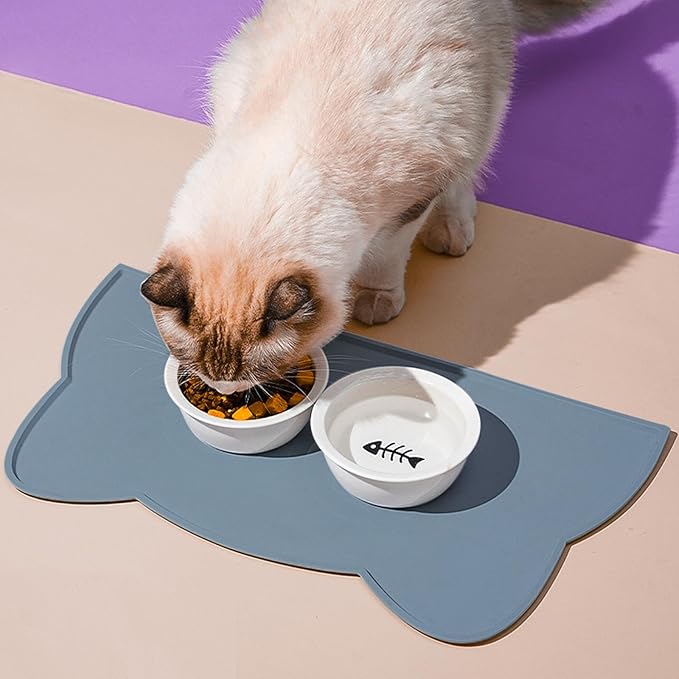 Cat Food Mat, Silicone Pet Feeding Mat for Floor Non-Slip Waterproof Dog Water Bowl Tray Cushion (17" x 10", Stone Blue)