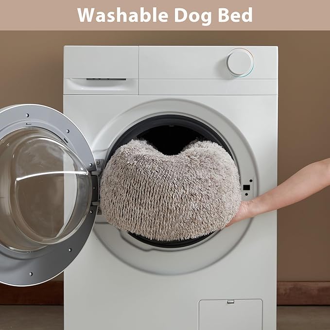 WNPETHOME Calming Dog Bed Cat Bed Donut, Faux Fur Pet Bed Self-Warming Donut Cuddler, Comfortable Round Plush Dog Beds (27 x 27 Inch, Light Coffee)