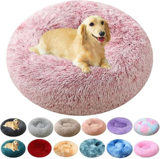 Calming Dog & Cat Bed, 24 Inch Anti-Anxiety Donut Cuddler Cat Bed with Anti-Slip Bottom, Washable Round Fluffy Pet Bed for Small Medium Dogs and Cats (Rose White)