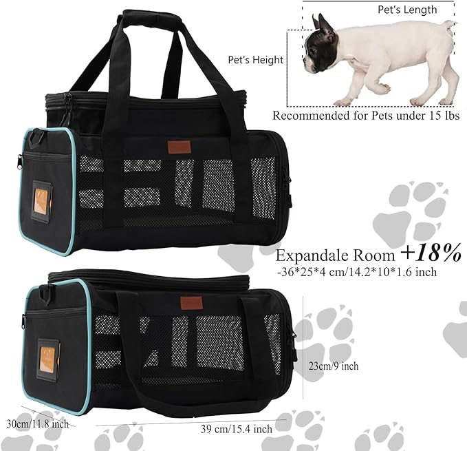 Cat Carriers Soft Small Dog Carrier Airline Approved Softsides Pets Bag,Black,Lightweight,Luxury Style,Top Expandable,Guaranteed on Cabin Board Flight Travel Recommend Under 15 lbs
