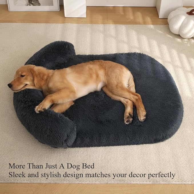 Calming Dog Bed - Fluffy Plush Mat with Removable Washable Cover | Furniture Protector for Large Dogs & Cats(Dark Grey,47.24X29.53X5.91in)