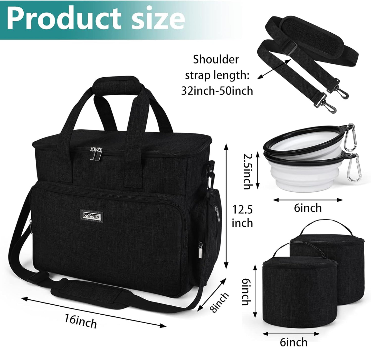 BAGLHER Dog Travel Bag, Airline Approved Pet Tote Organizer with Multi-Function Pockets, 2 X Food Storage Containers and 2 X Collapsible Dog Bowls, Perfect Weekend Pet Travel Set for Dog, Cat Black