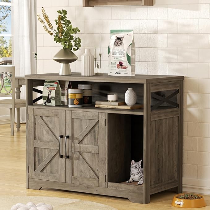 Cat Litter Box Enclosure, Hidden Litter Box Furniture with Scratch Pad, Farmhouse Indoor Cat House Washroom End Table, Grey