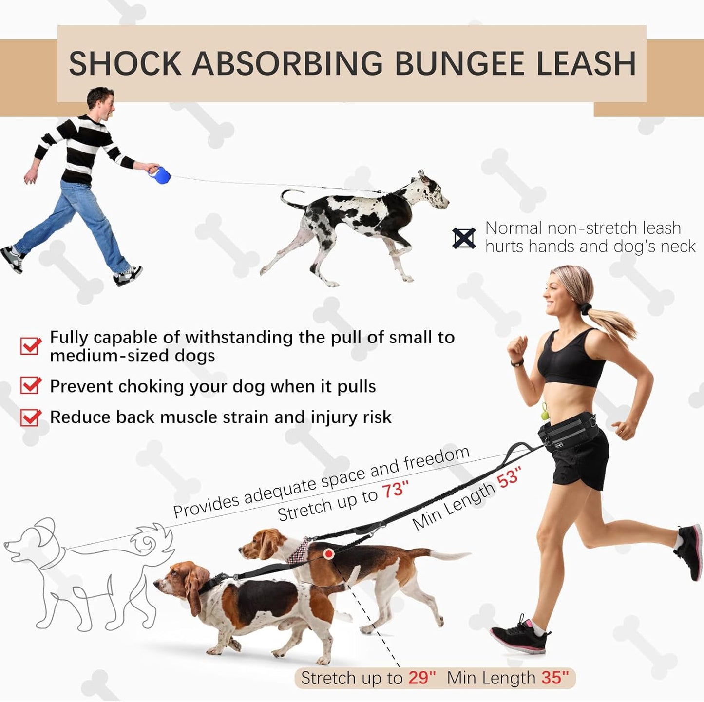 Hands-Free Dog Leash With Pouch, Waist Attachment for Walking Two Dogs, Reflective Stitching, Dual Handle, Bungee Retractable Running for Medium to Large Dogs Black