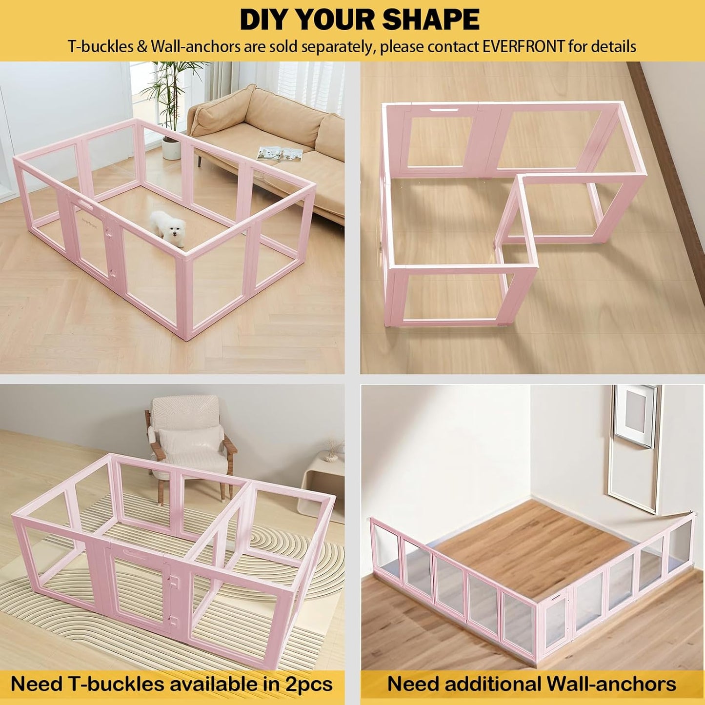 30.3“H 2PCS Extension Kit - Door+Panel, T-Buckles for Compartment, Expandable Clear Dog Play Pen Acrylic Dog Playpen Indoor,for Puppy Cat Bunny Small & Medium Dogs (Pink-30.3" H, 2PCS)