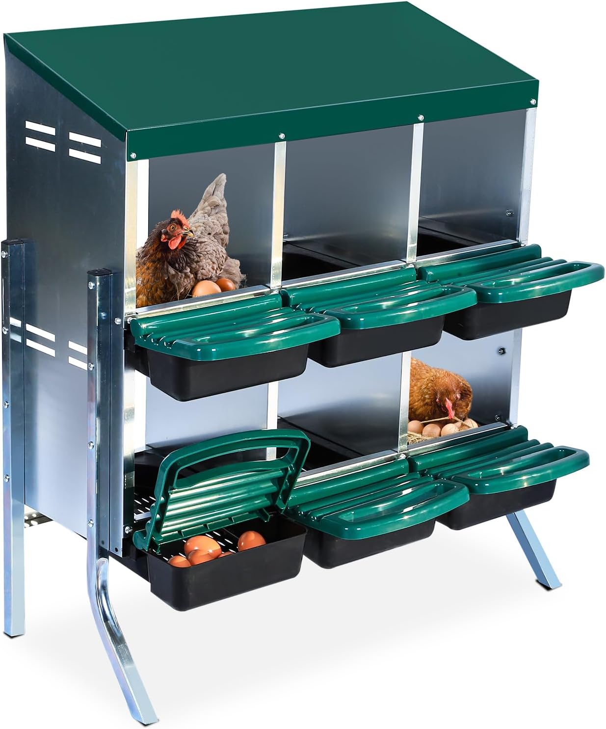 Chicken Nesting Box, 6 Hole 2 Layer Hen Nest Boxes with Legs, Roll Away Eggs Laying Boxes,Cleanable Pull Out Hen Roosting Boxes